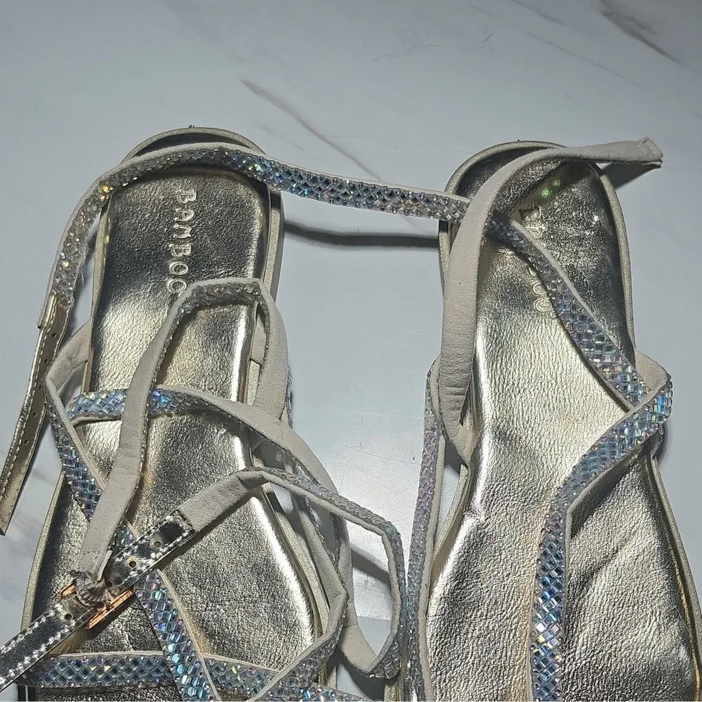 BAMBOO Women's Silver Rhinestone Strappy Flat Sandals Leather US‎ 8.5